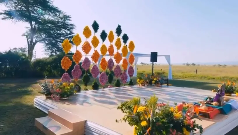 Colourful outdoor event stage in an open landscape